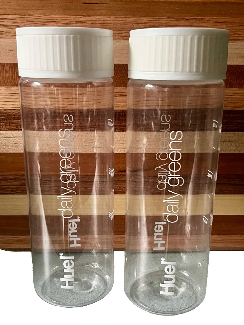 2 Huel Daily Greens Bottles BPA Free Clear with White Lid Dishwasher Safe 13.5oz